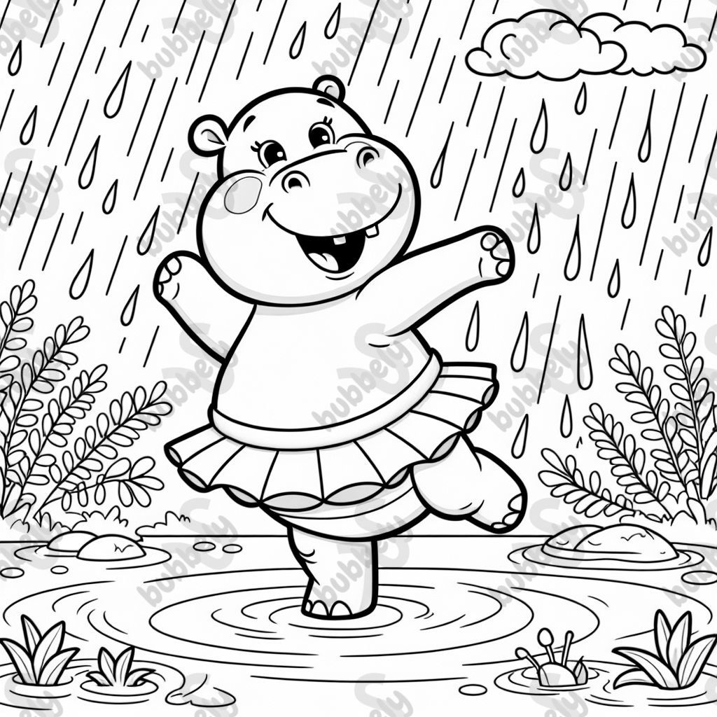 a hippo dancing in the rain in a tutu