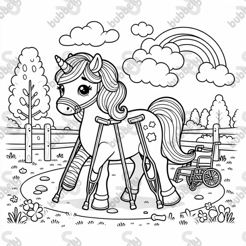 ein Einhorn mit einem gebrochenen Bein und Krücken