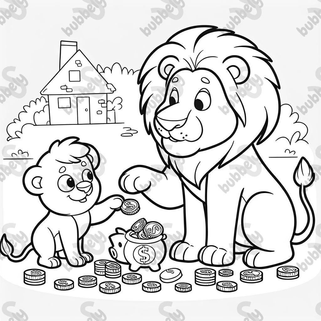 Lion helping cub save money.