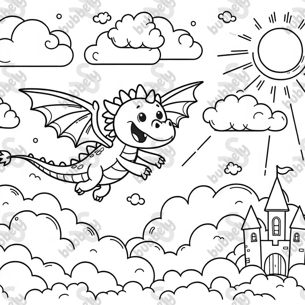 A happy dragon flying in the sky with clouds and sunshine and a castle in the distance