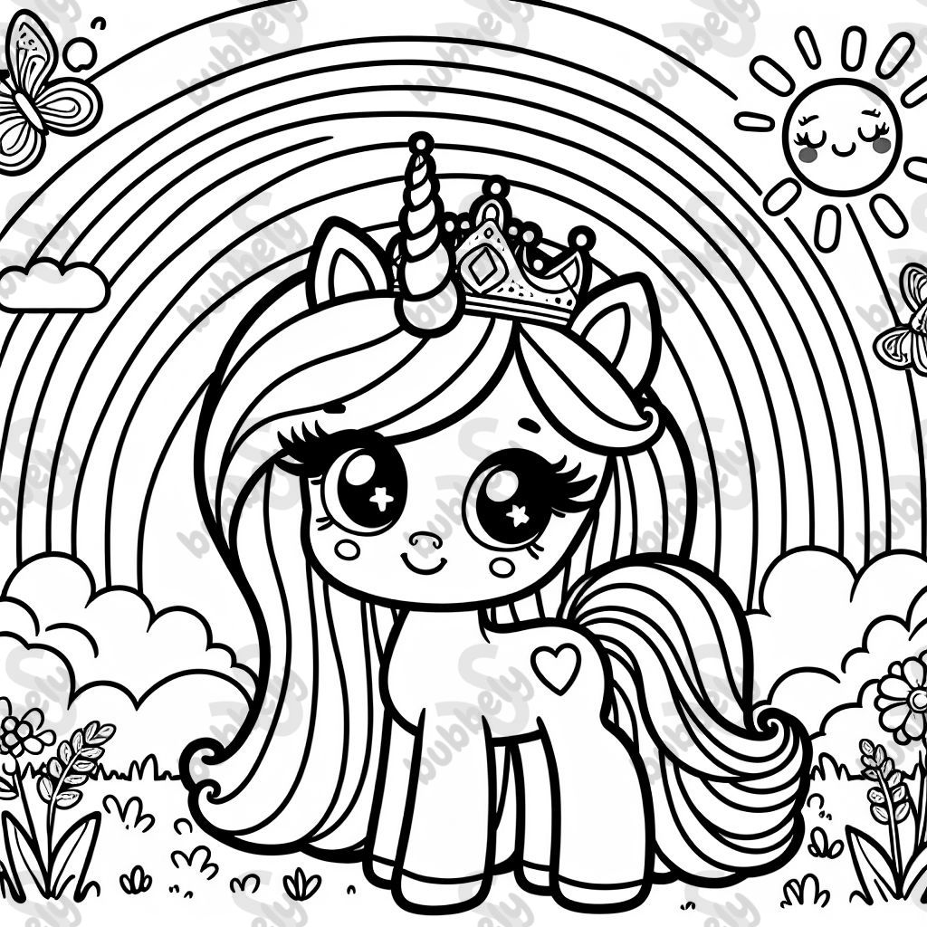A princess unicorn with rainbows in the background