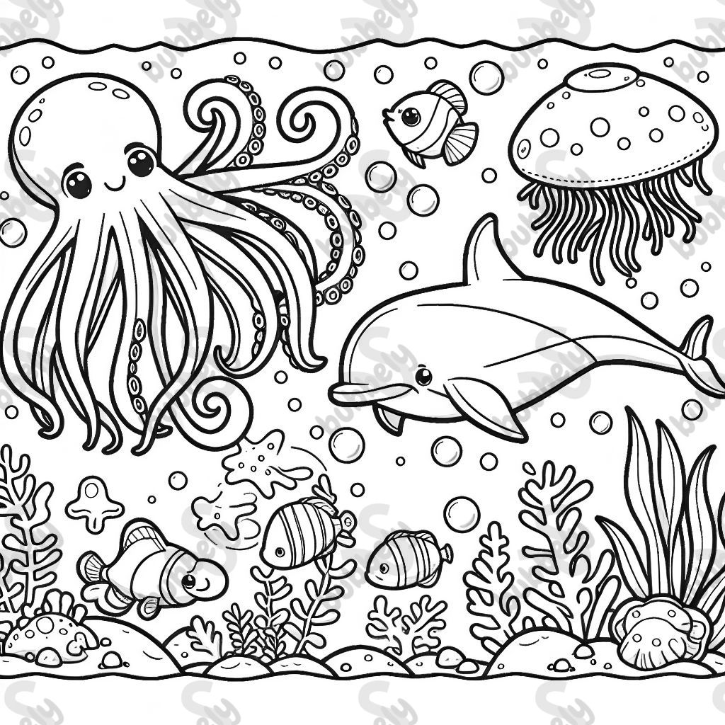 a scene with an octopus, a jellyfish, a blowfish, a clownfish and a dolphin