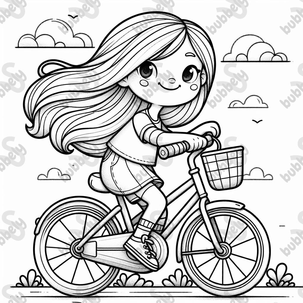 Nine-year-old blonde girl with long hair riding a bike