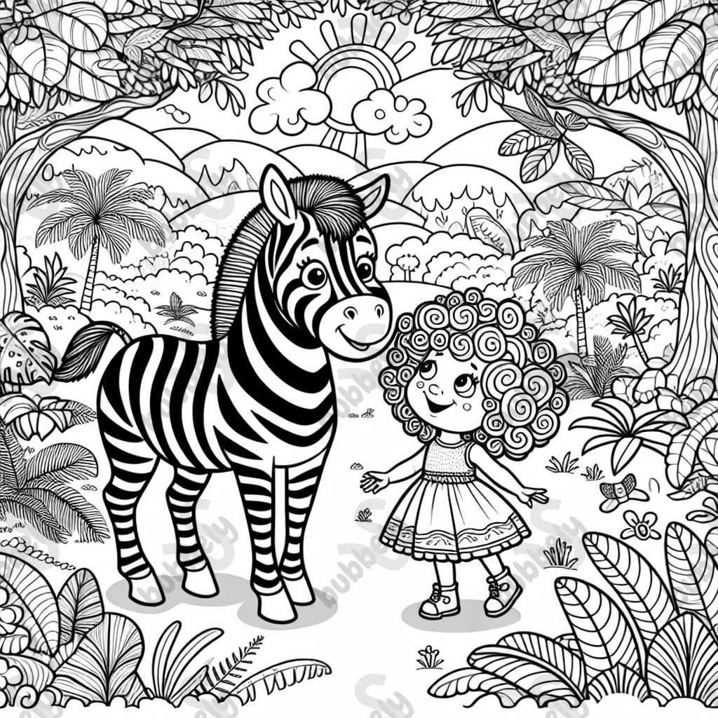 A zebra in the jungle with a little girl with curly hair