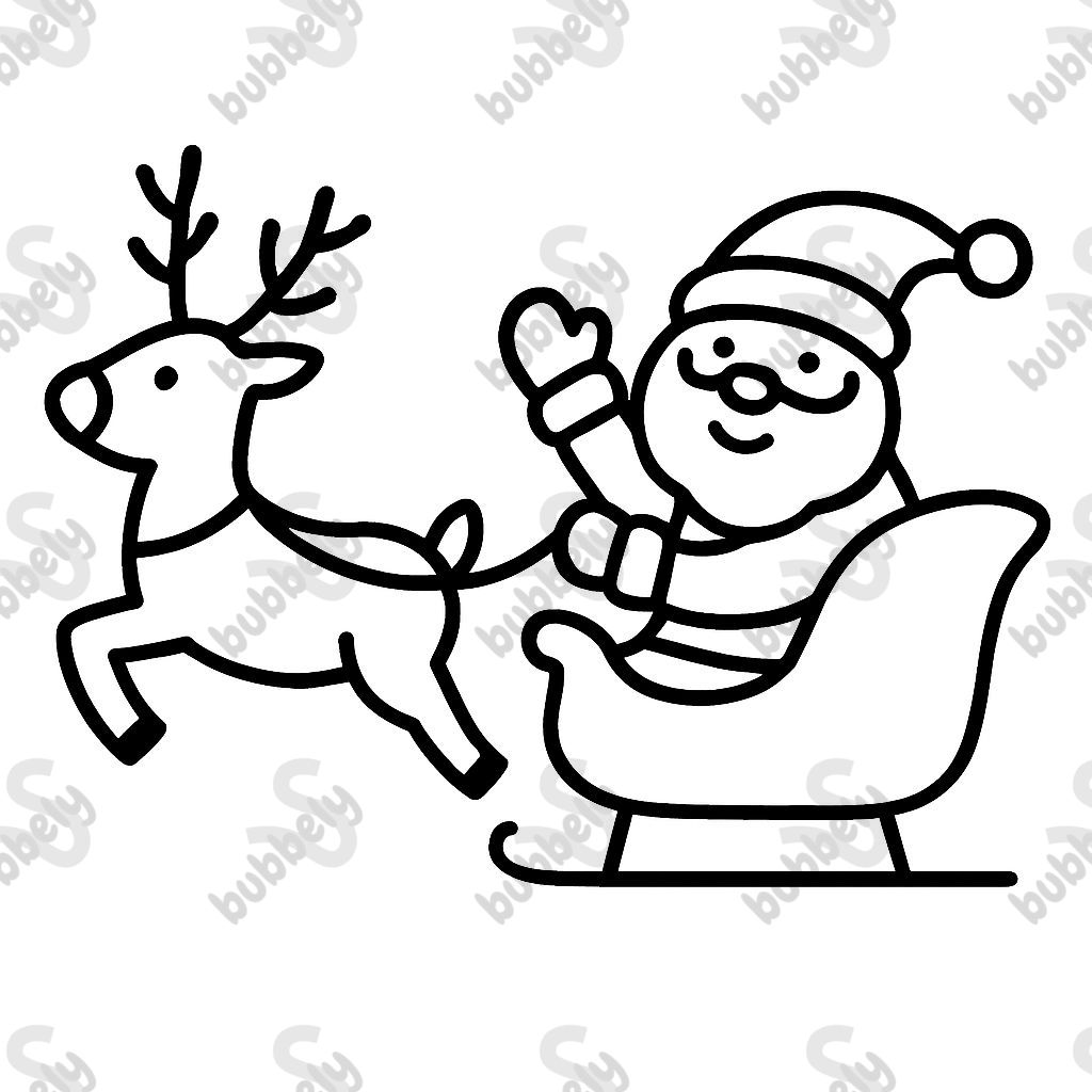 Le Père Noël vole dans le ciel nocturne dans son traîneau et ses rennes.