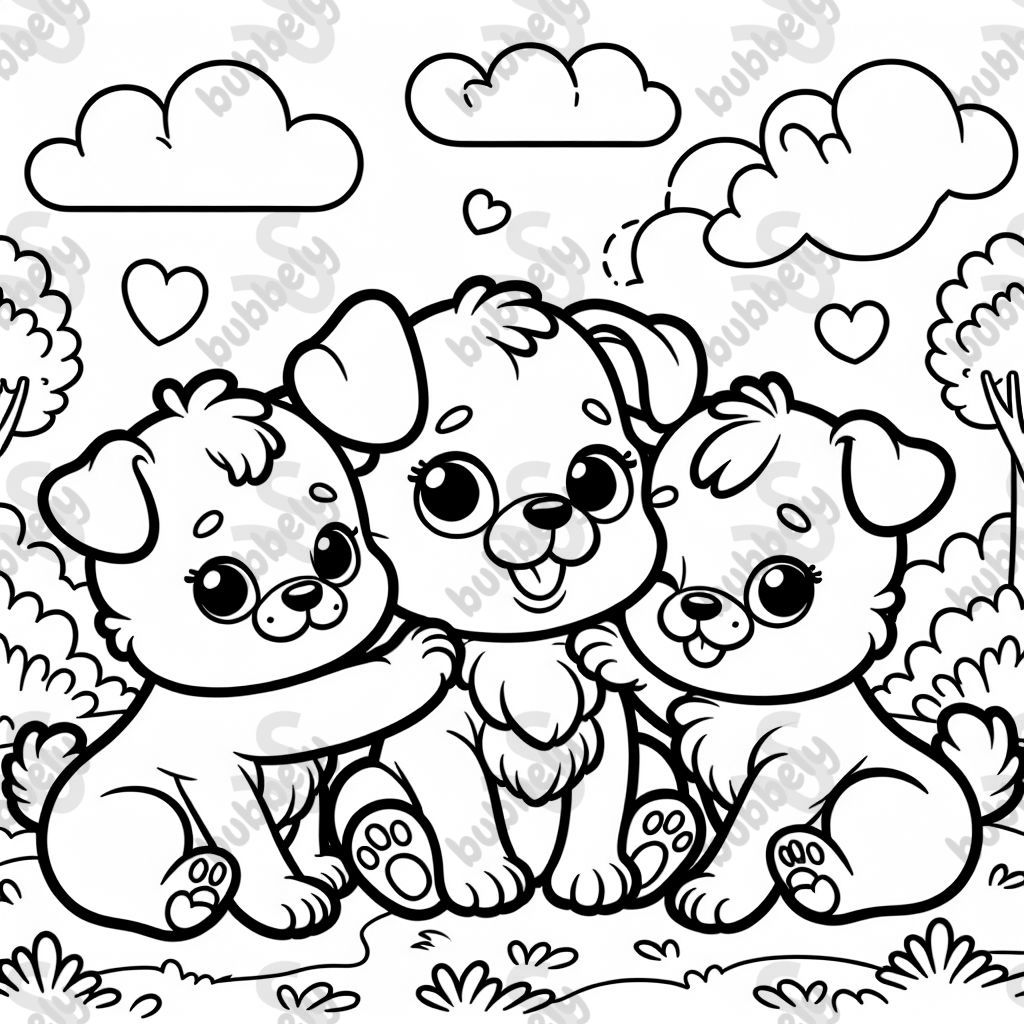 three puppies with arms around eachother