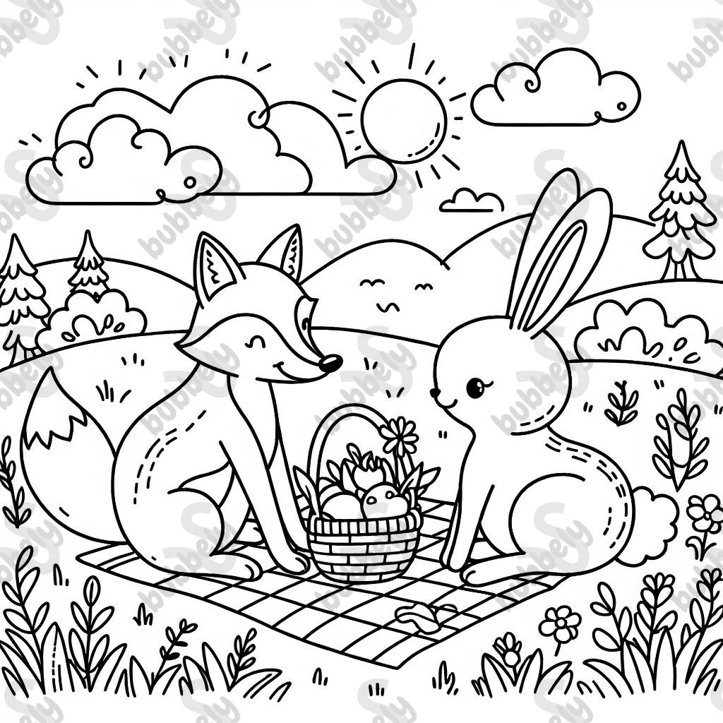 A fox having a picnic with a bunny.