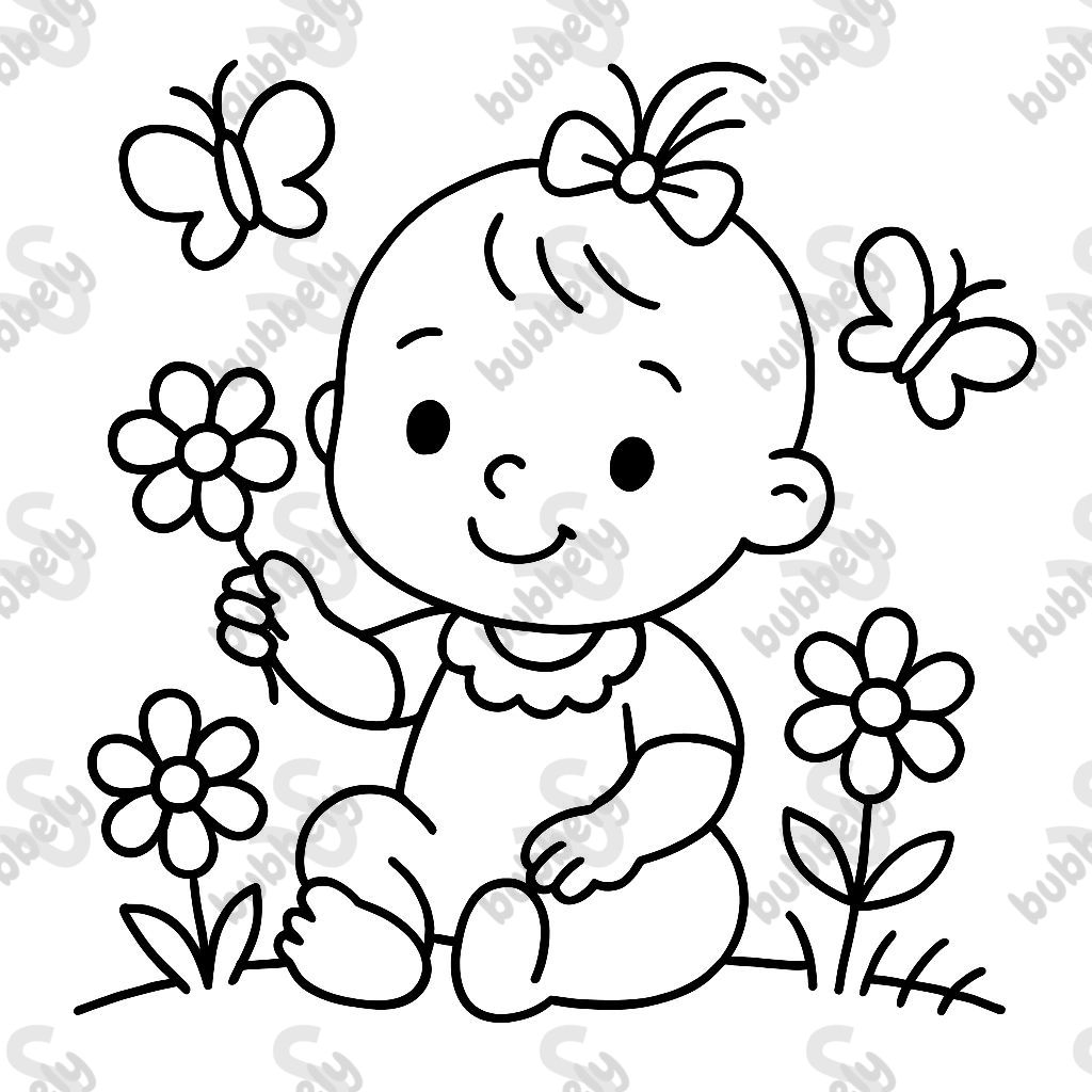 A baby girl with flowers and butterflies A baby girl with flowers and butterflies