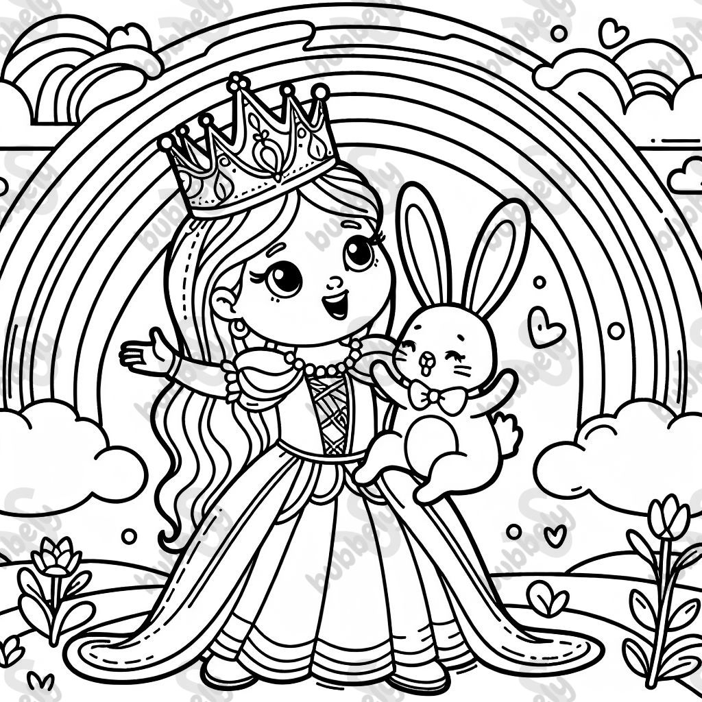 A queen holding a bunny rabbit with a rainbow in background