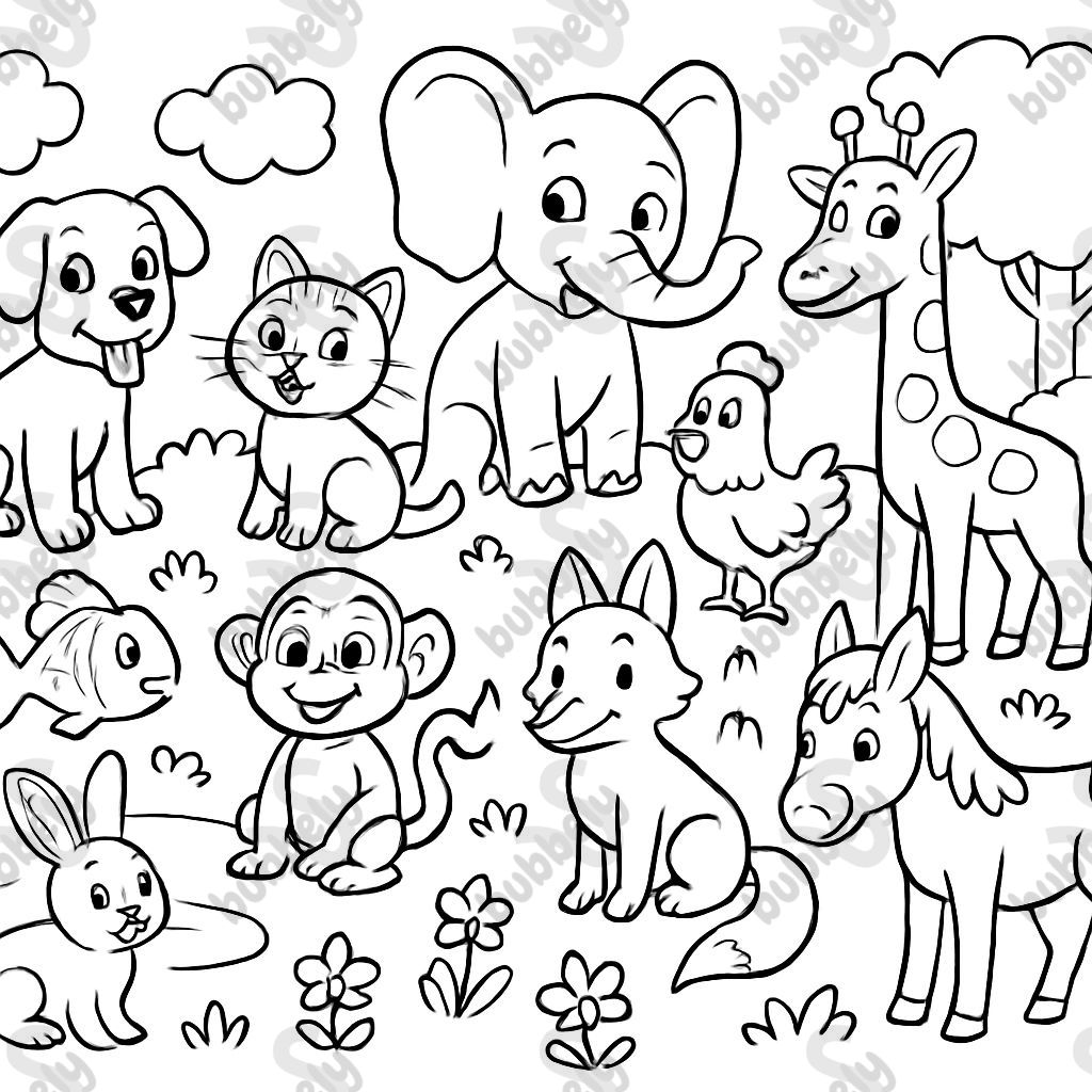 1 dog, 1 cat, 1 chicken, 1 rabbit, 1 monkey, 1 elephant, 1 giraffe, 1 fish, 1 wolf, 1 fox, 1 donkey, 1 horse, 1 cow