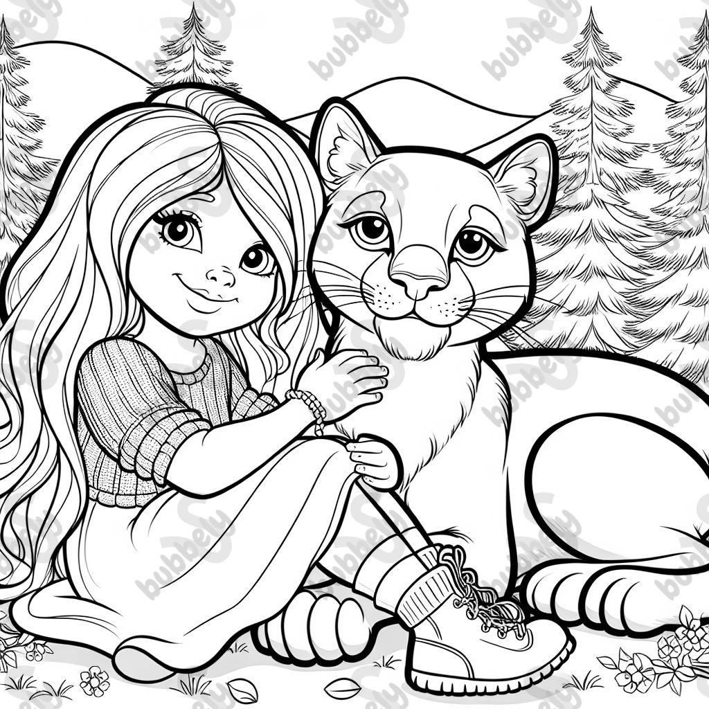 Nine-year-old blonde girl with long hair cuddles with a puma