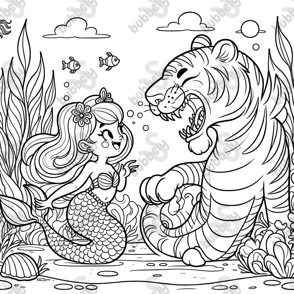 Tiger roaring at a mermaid