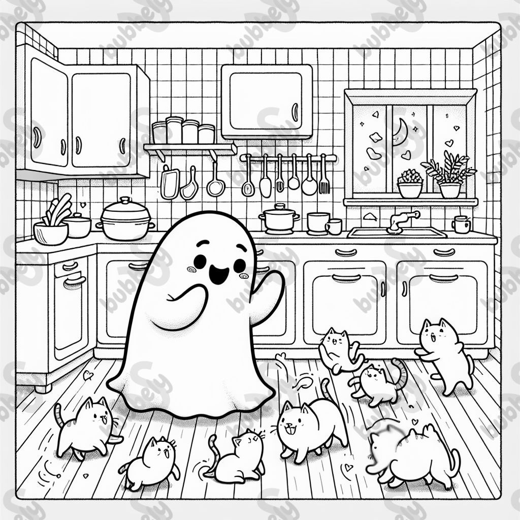 a ghost in a kitchen full of cats