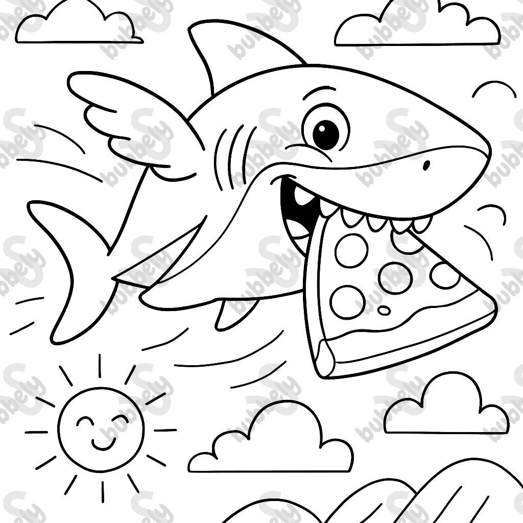 requin volant avec une pizza dans la bouche