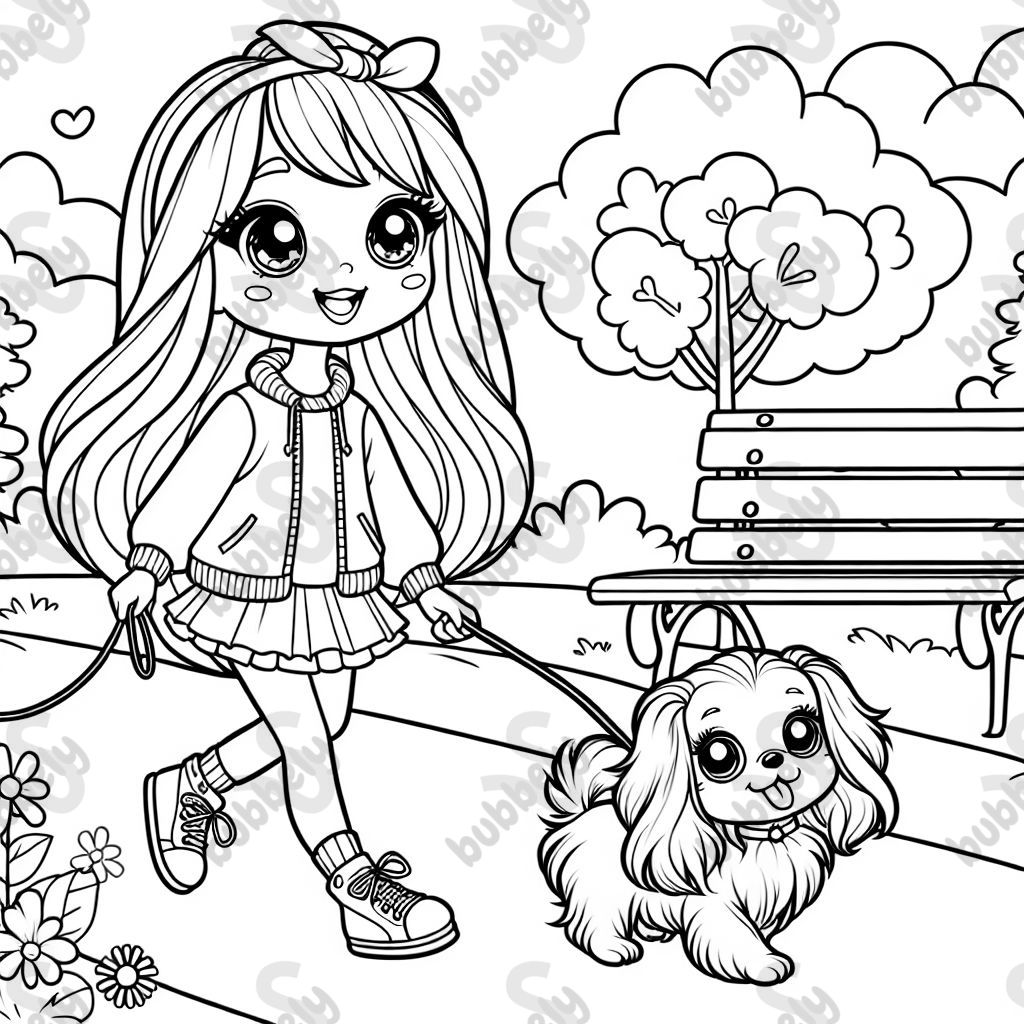 a young woman walking her long-haired small dog a young woman walking her long-haired small dog
