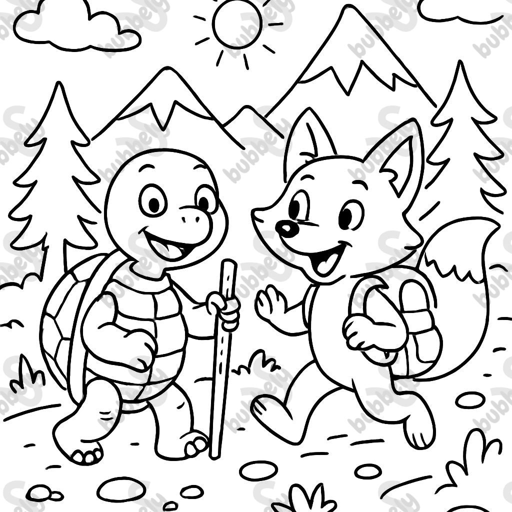 Turtle and Fox on an Adventure in the Mountains