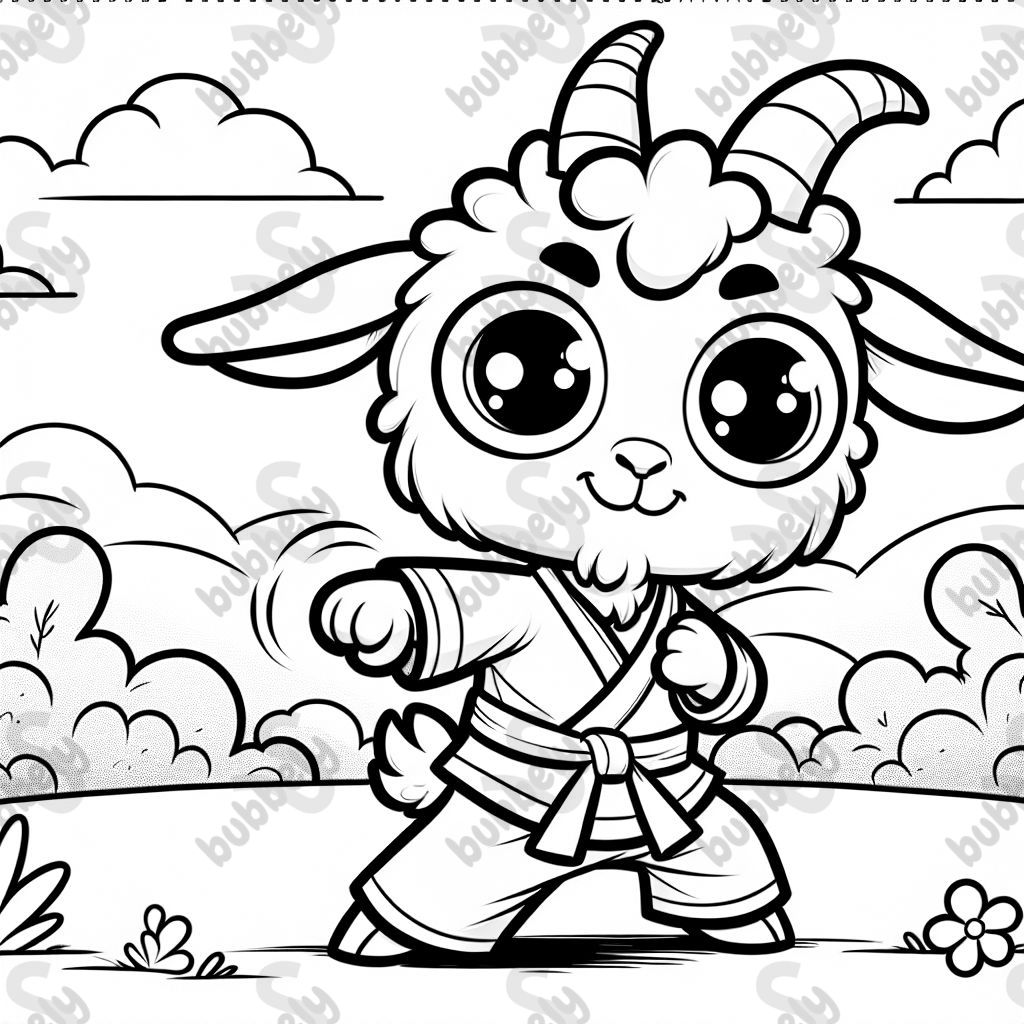 Cute goat with big eyes doing karate
