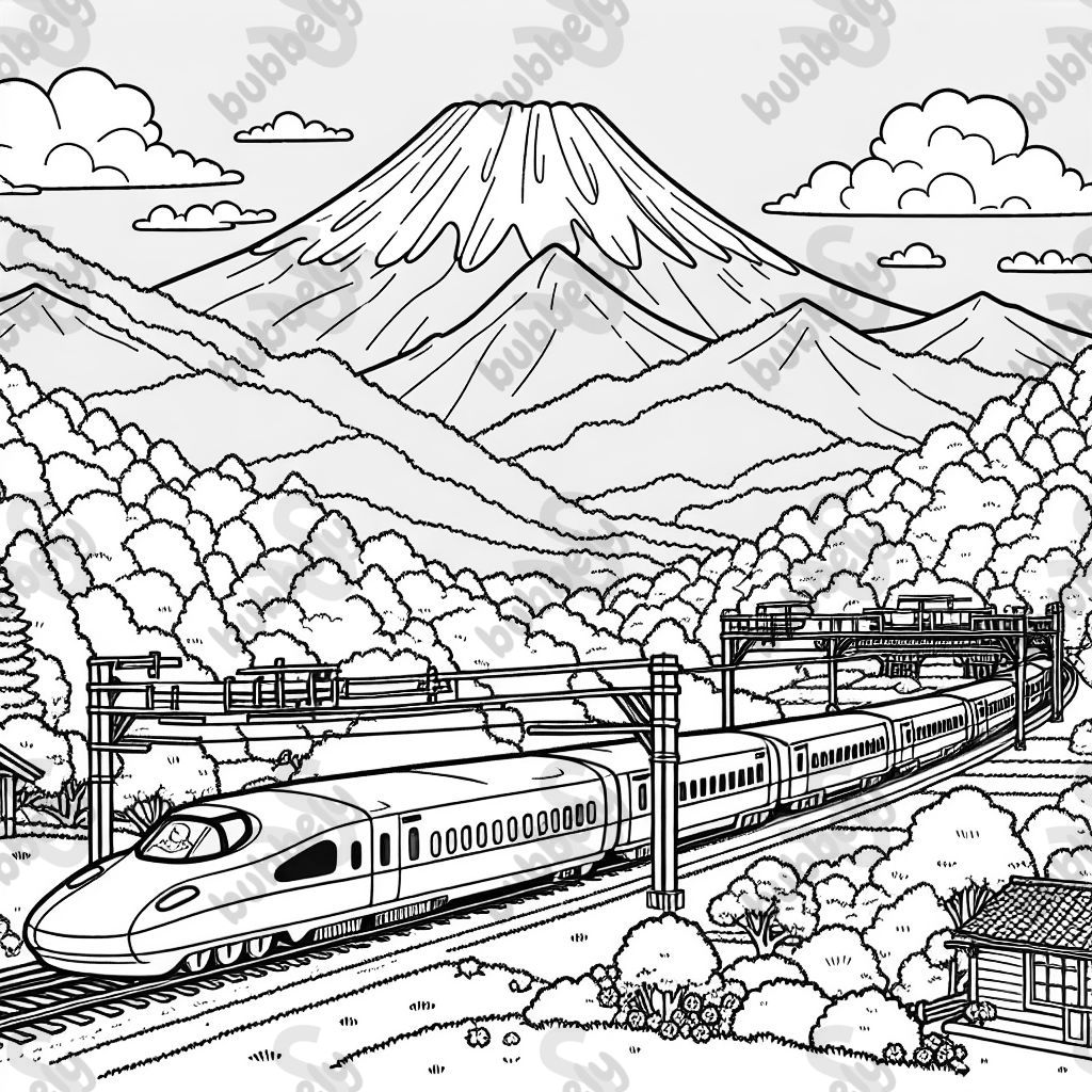 Shinkansen train going up a japanese mountain in a beautiful countryside