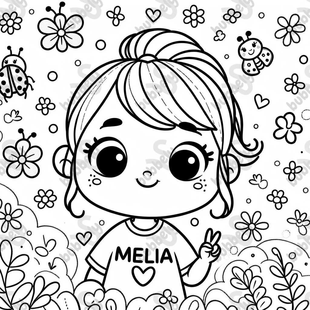 A five-year-old girl with a ponytail wearing a t-shirt that says MELIA, with flowers and ladybugs in the background.