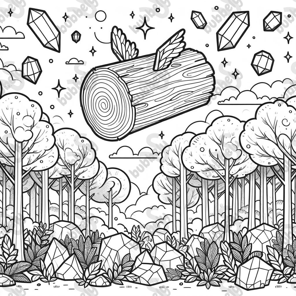 Fliegender Baumstamm mitten im Wald mit Kristallen gefüllt