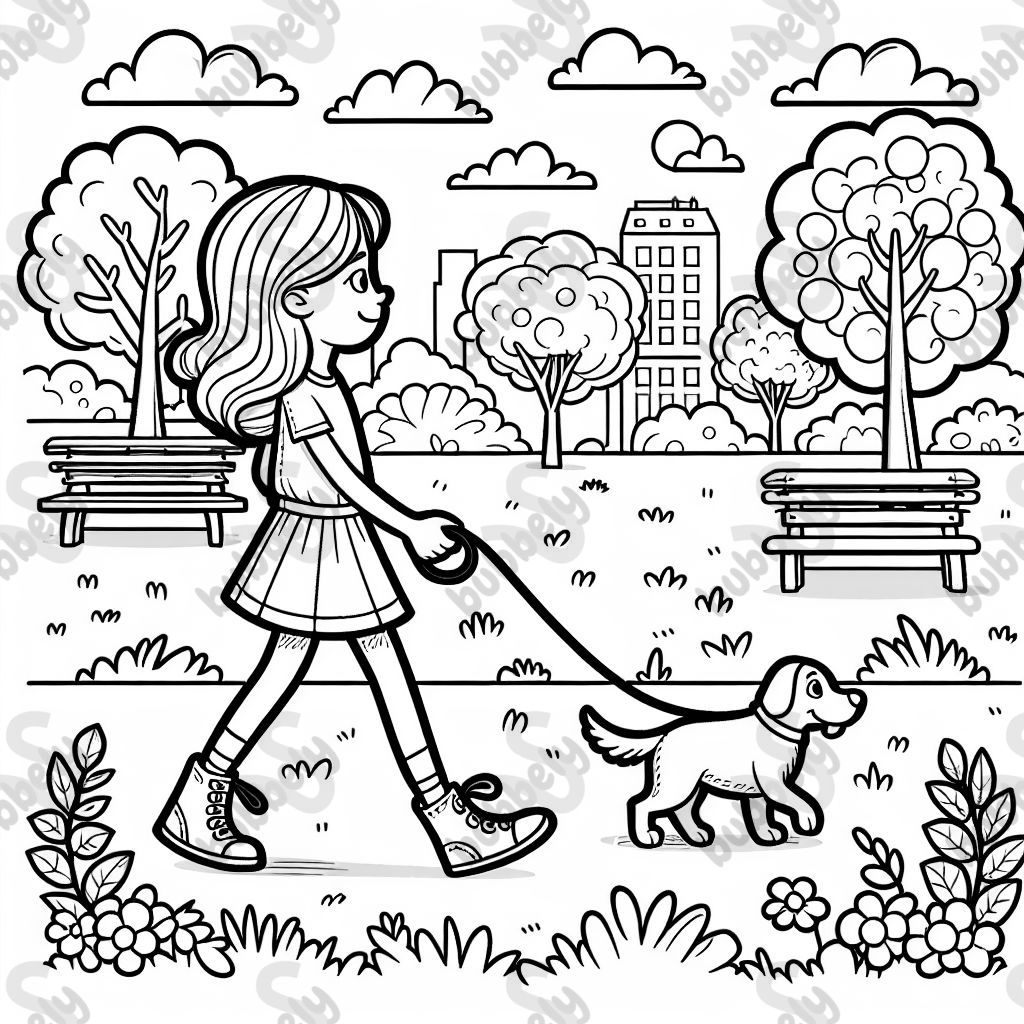 A dog on a leash going for a walk with a girl