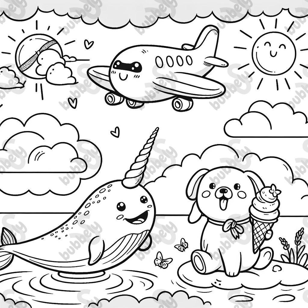 An airplane flying with a narwhal and puppy eating ice cream