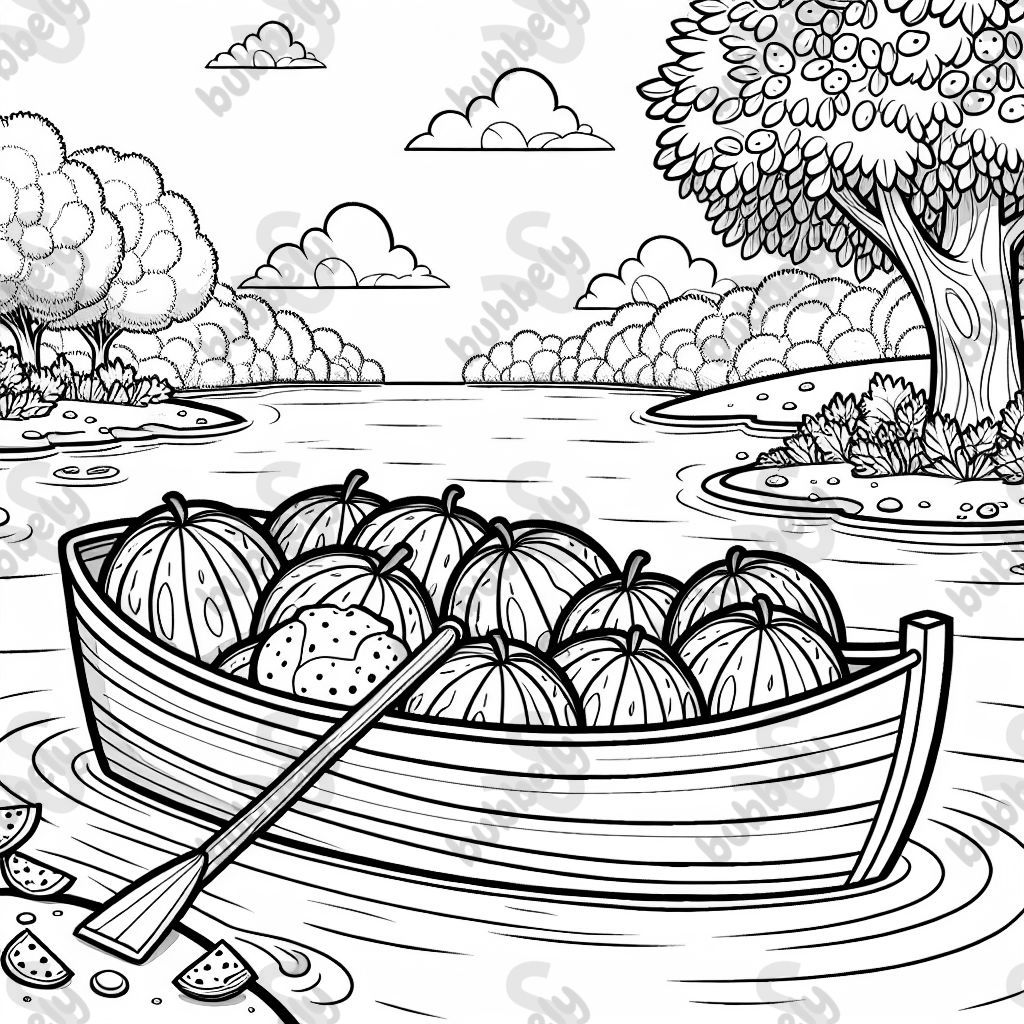 rowboat full of watermelons on a river