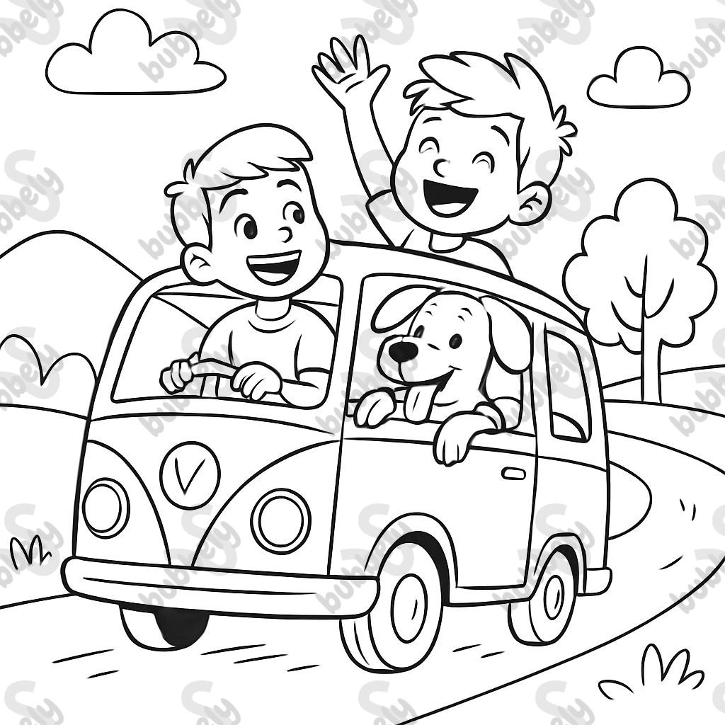 brothers and dog in van