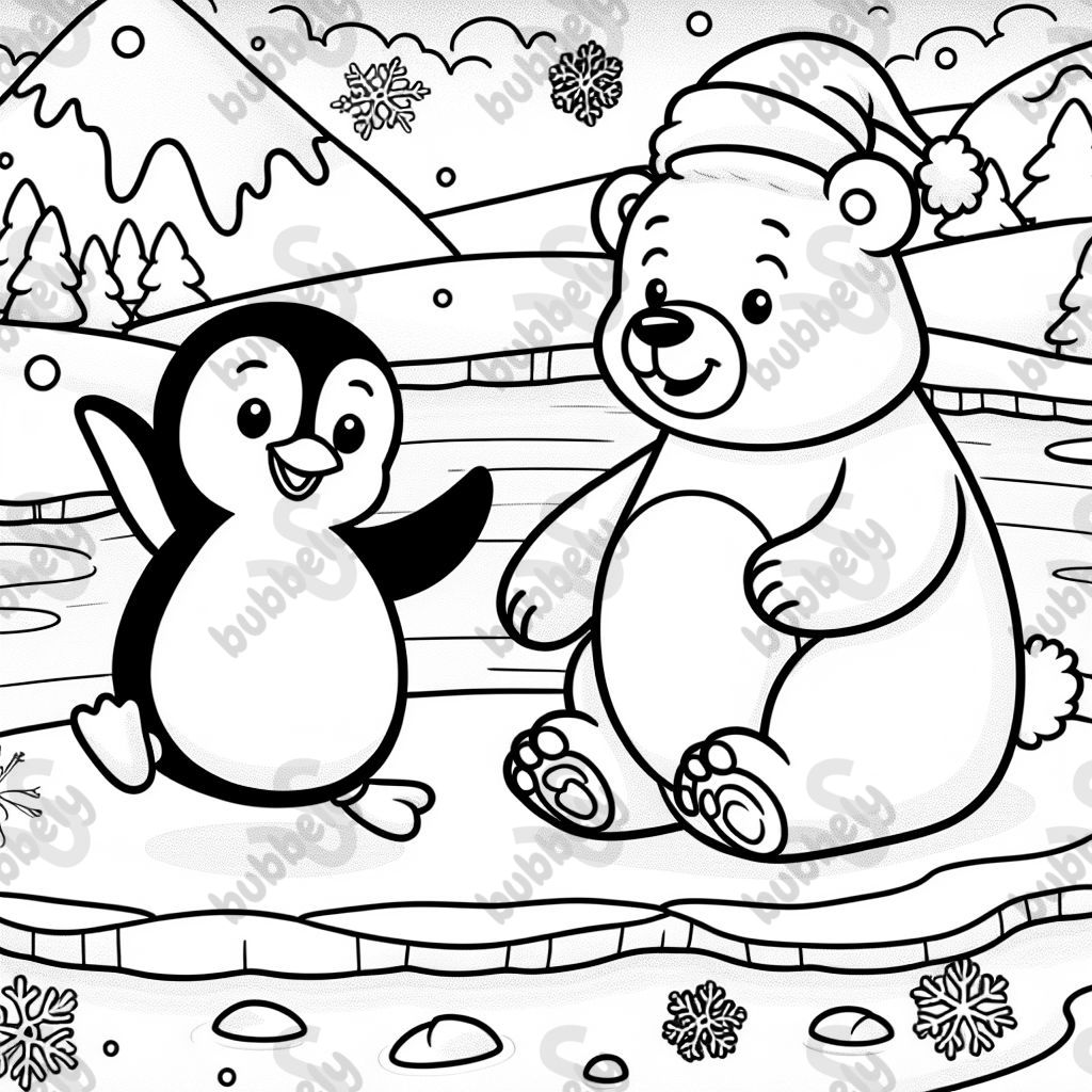 Einen Pinguin und ein Eisbär mit schneeflocken und einen See