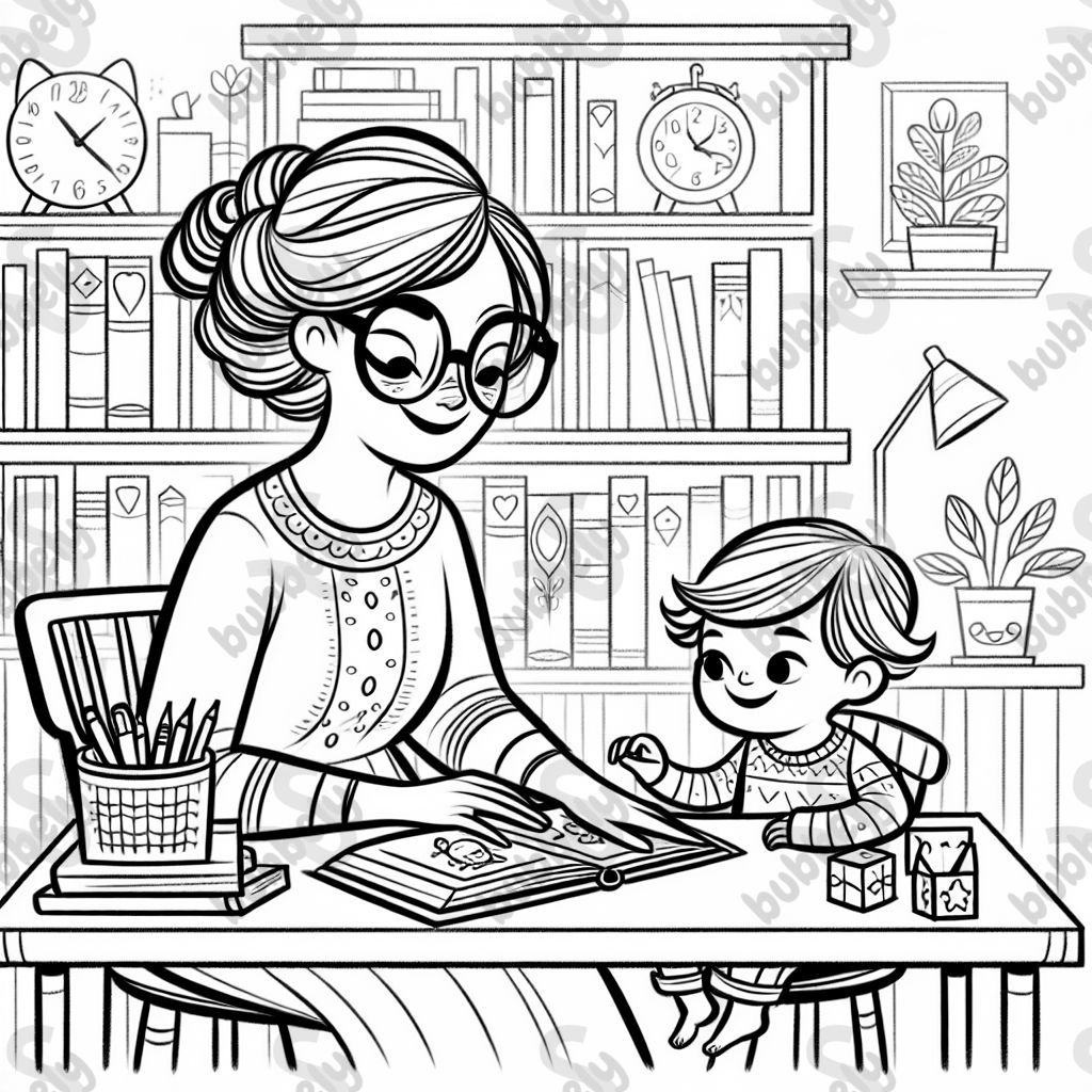 Mom with glasses and toddler in home library