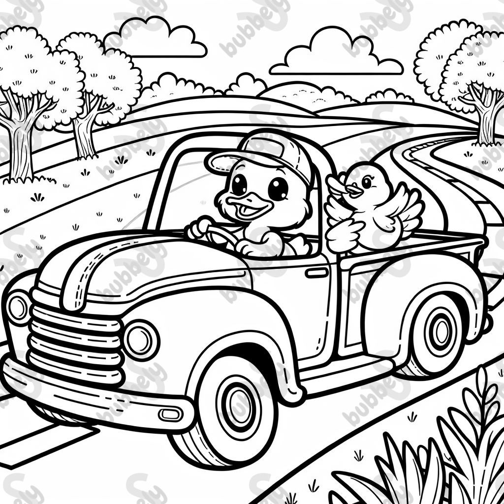 A duck driving a pickup truck in the center of the image with no lines touching the edge