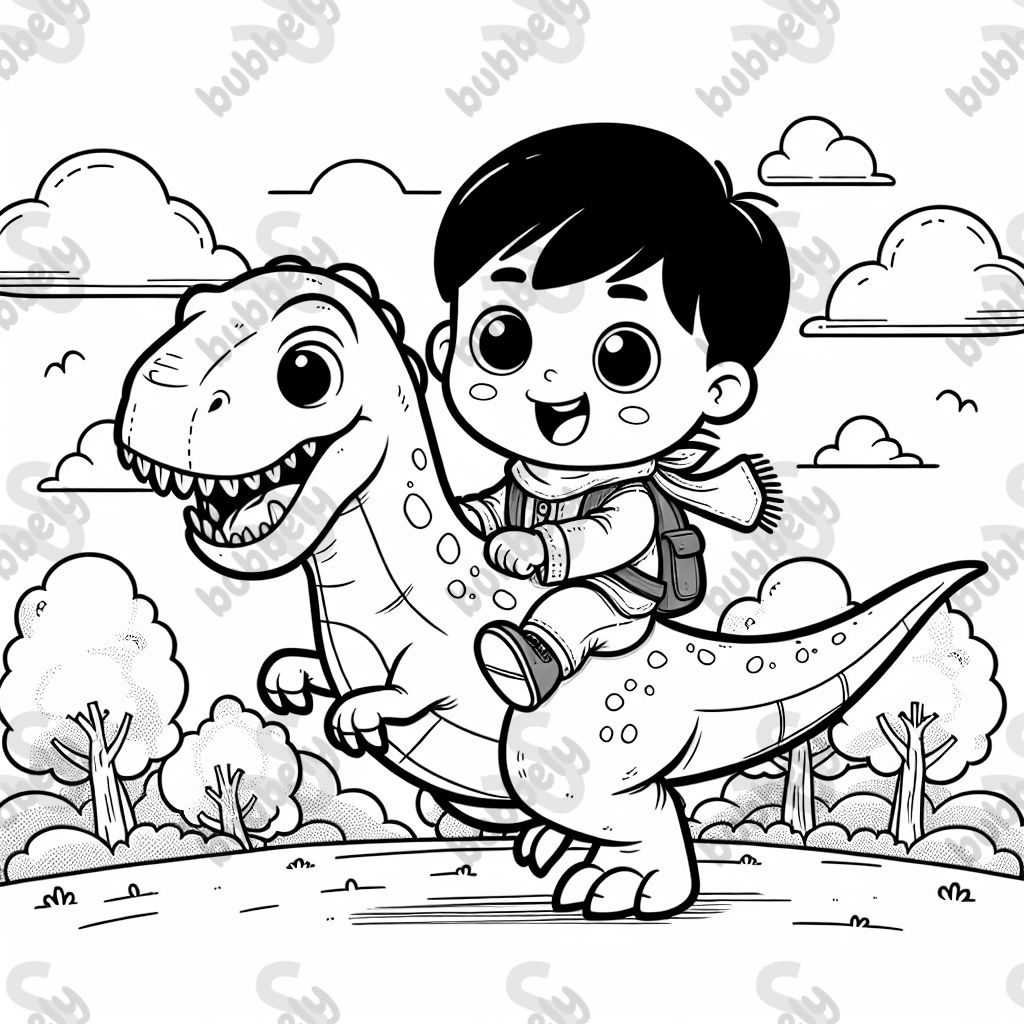 A little boy riding a t-rex