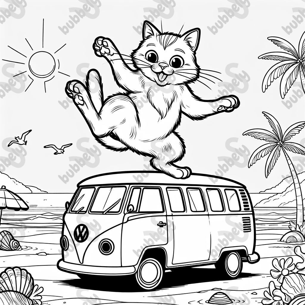 un chat dansant sur un van Volkswagen à la plage