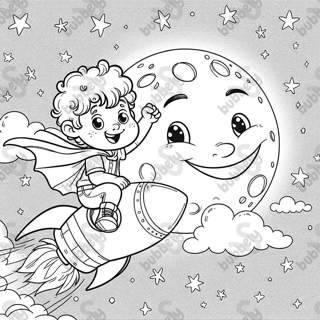 A little boy flying to the moon