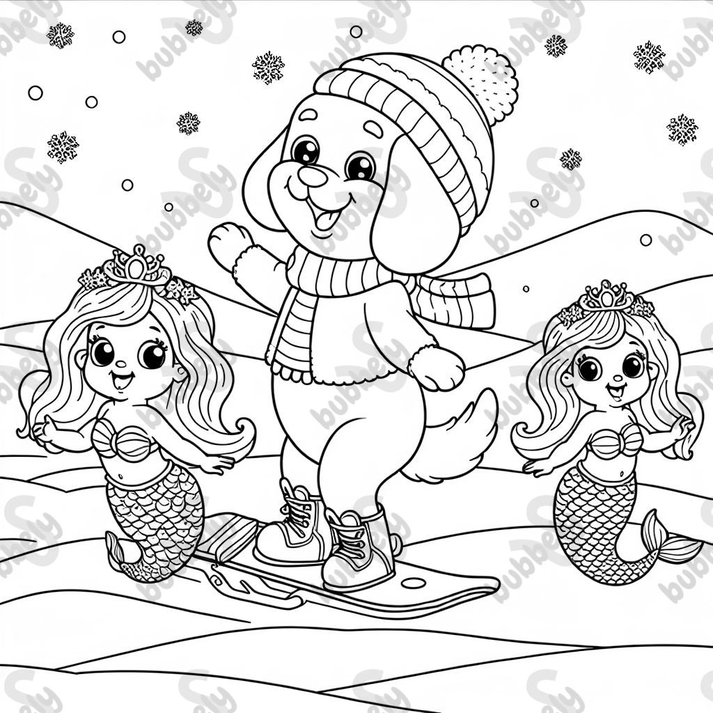 A grandpa puppy mermaid snowboarding with two mermaid sisters playing in the snow.