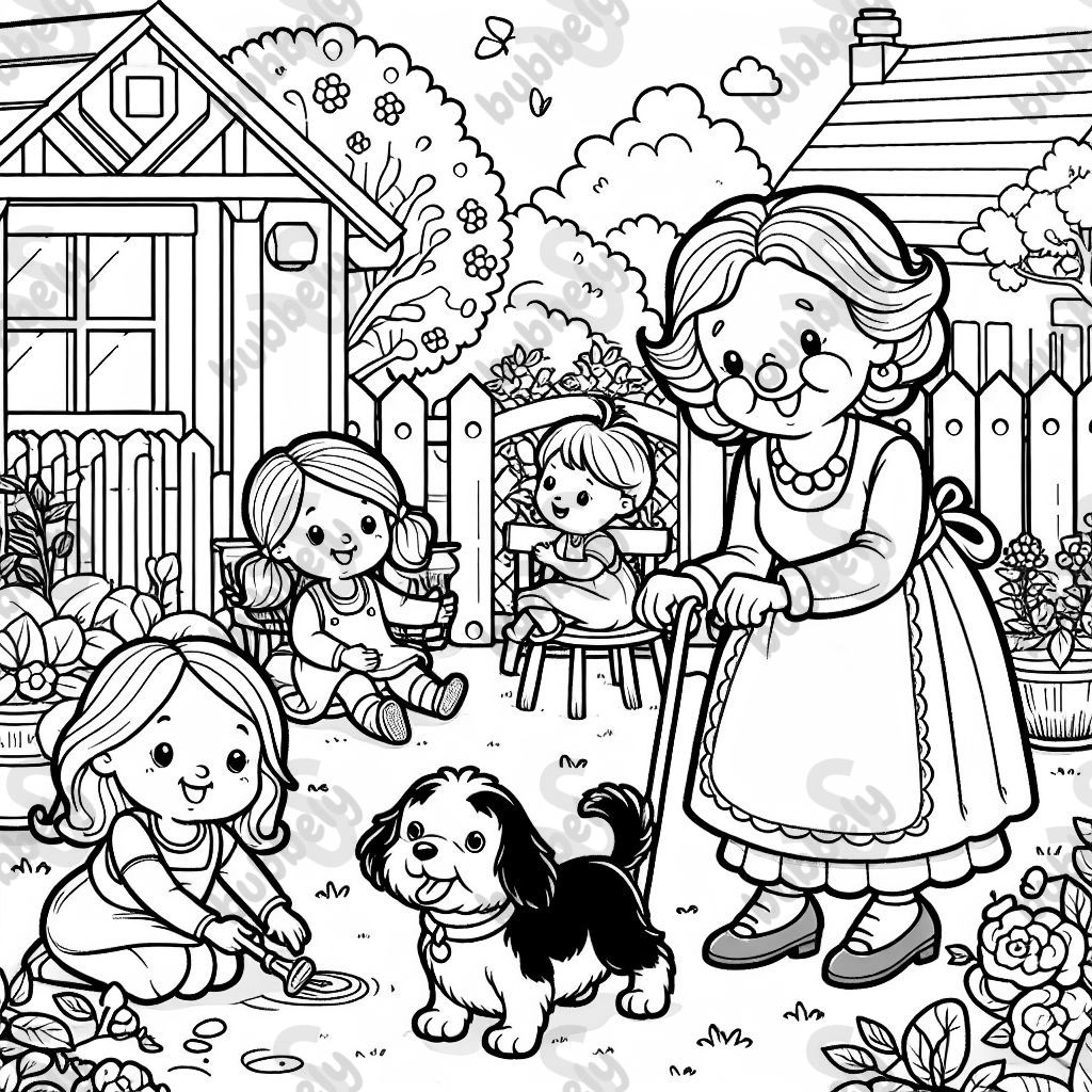 Grandma's garden with a 2-year-old blonde girl and a 5-year-old boy with brown hair, grandma has medium-length brown hair and a black and white Havanese dog.