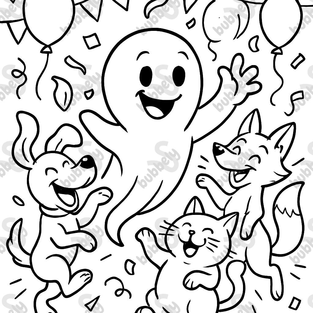 A friendly little ghost dancing with animals and having a party
