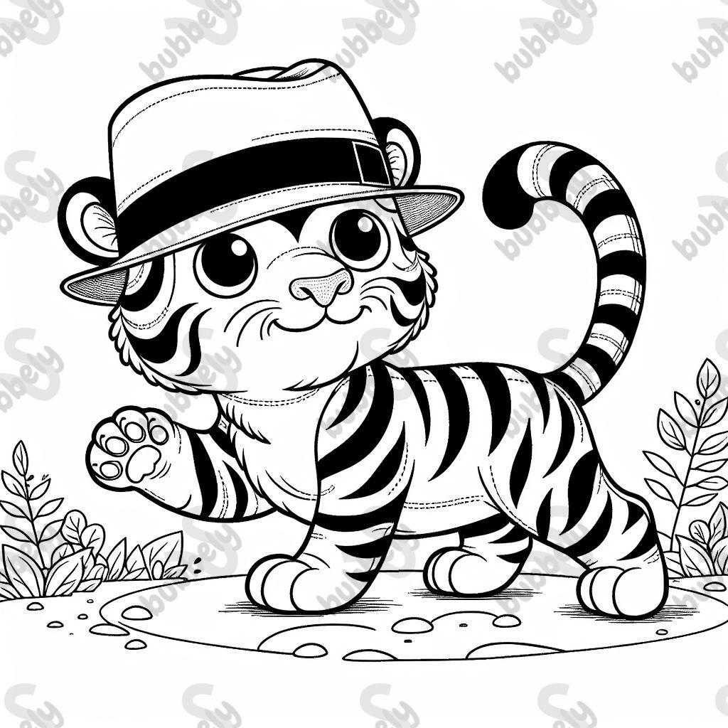 Tiger on all fours hat on head