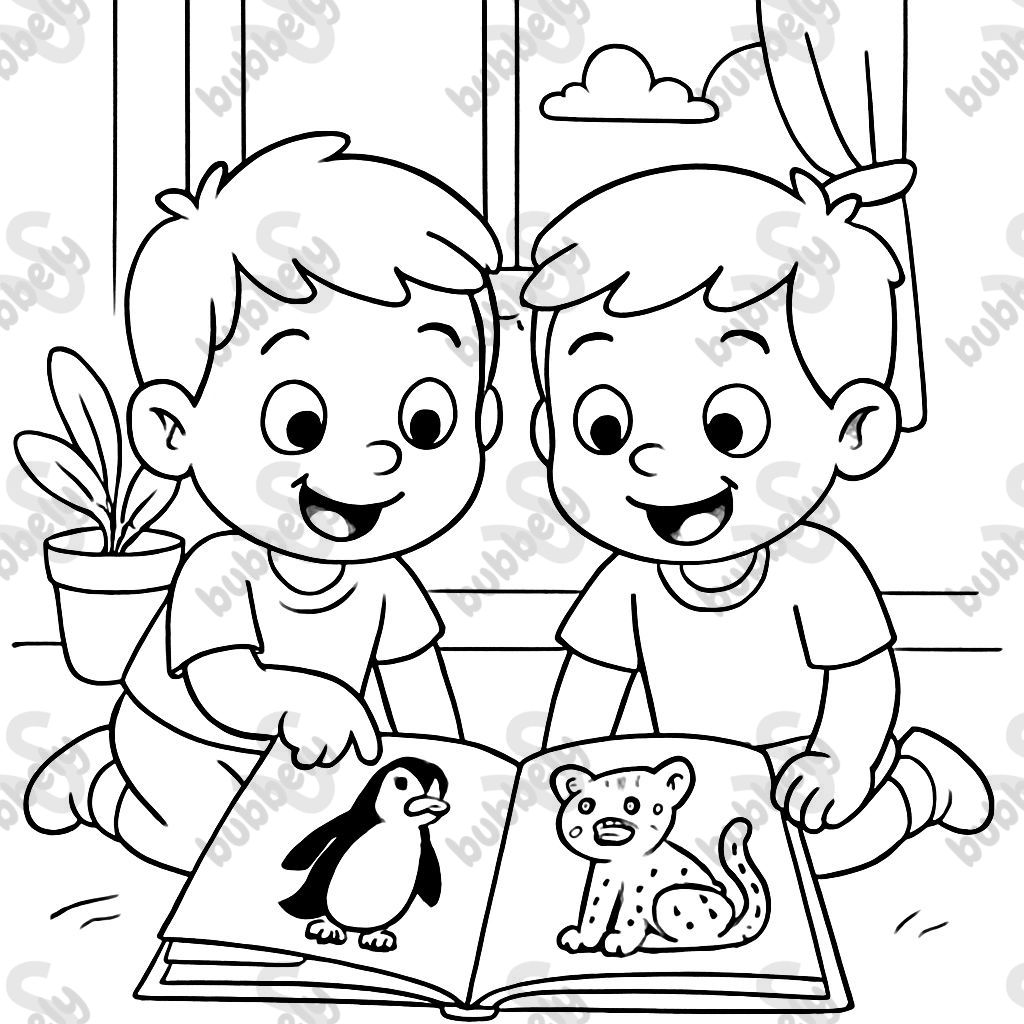 Twins looking at an album of penguins and cheetahs.