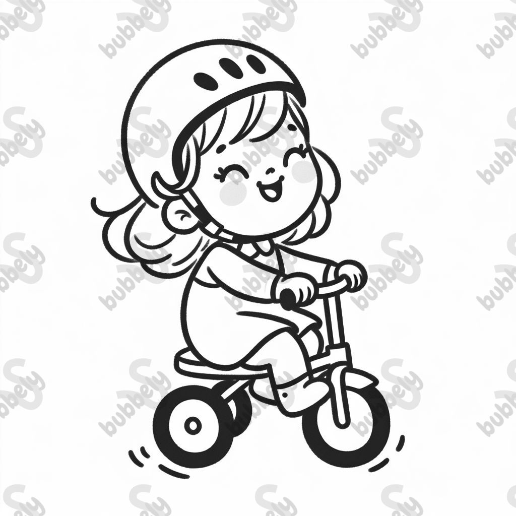Blonde toddler girl wearing a helmet and riding a tricycle.