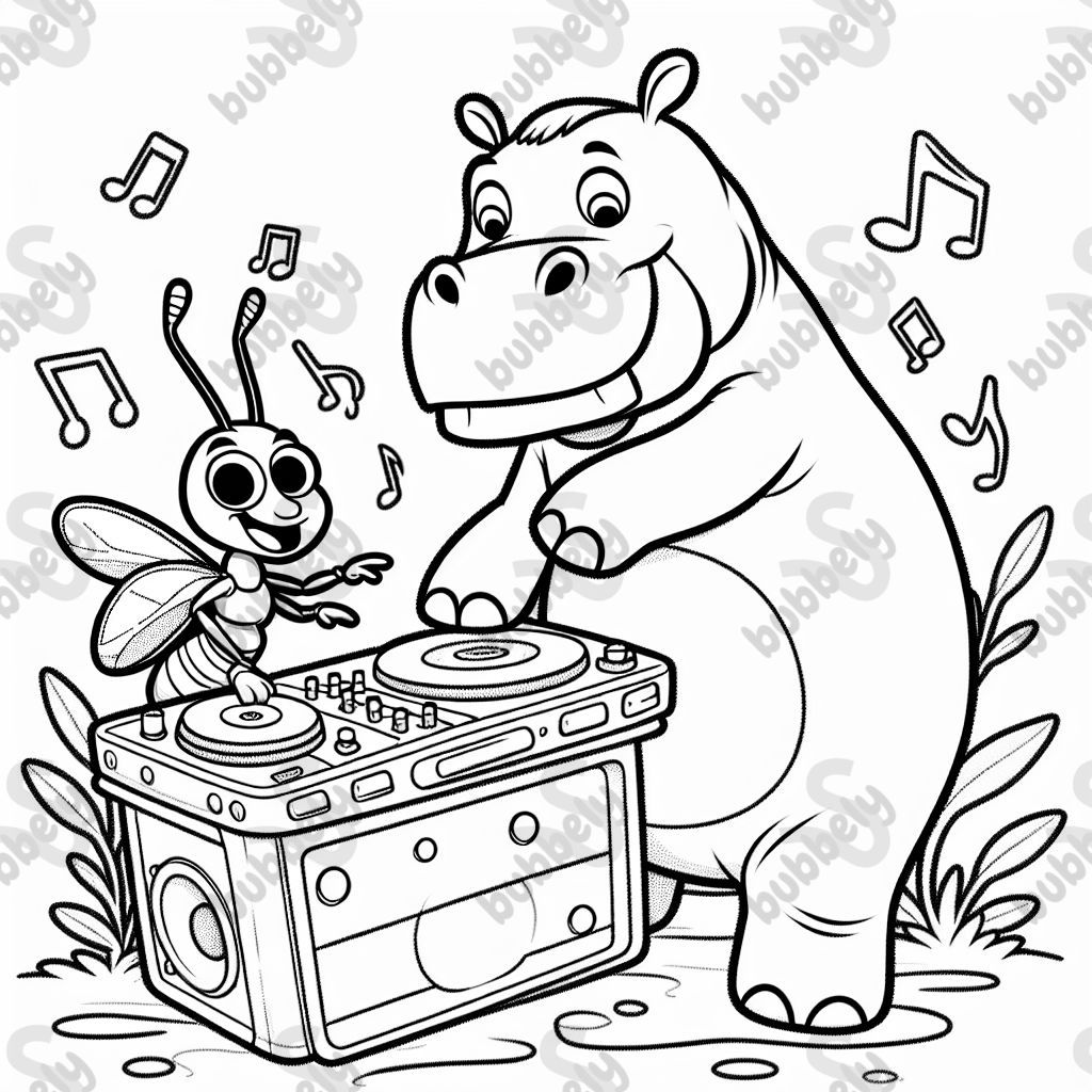 Une fourmi au pupitre DJ soulève un hippopotame et danse Une fourmi au pupitre DJ soulève un hippopotame et danse