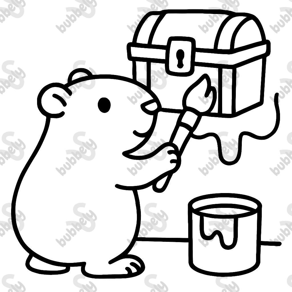 A guinea pig painting treasure chest on a wall.
