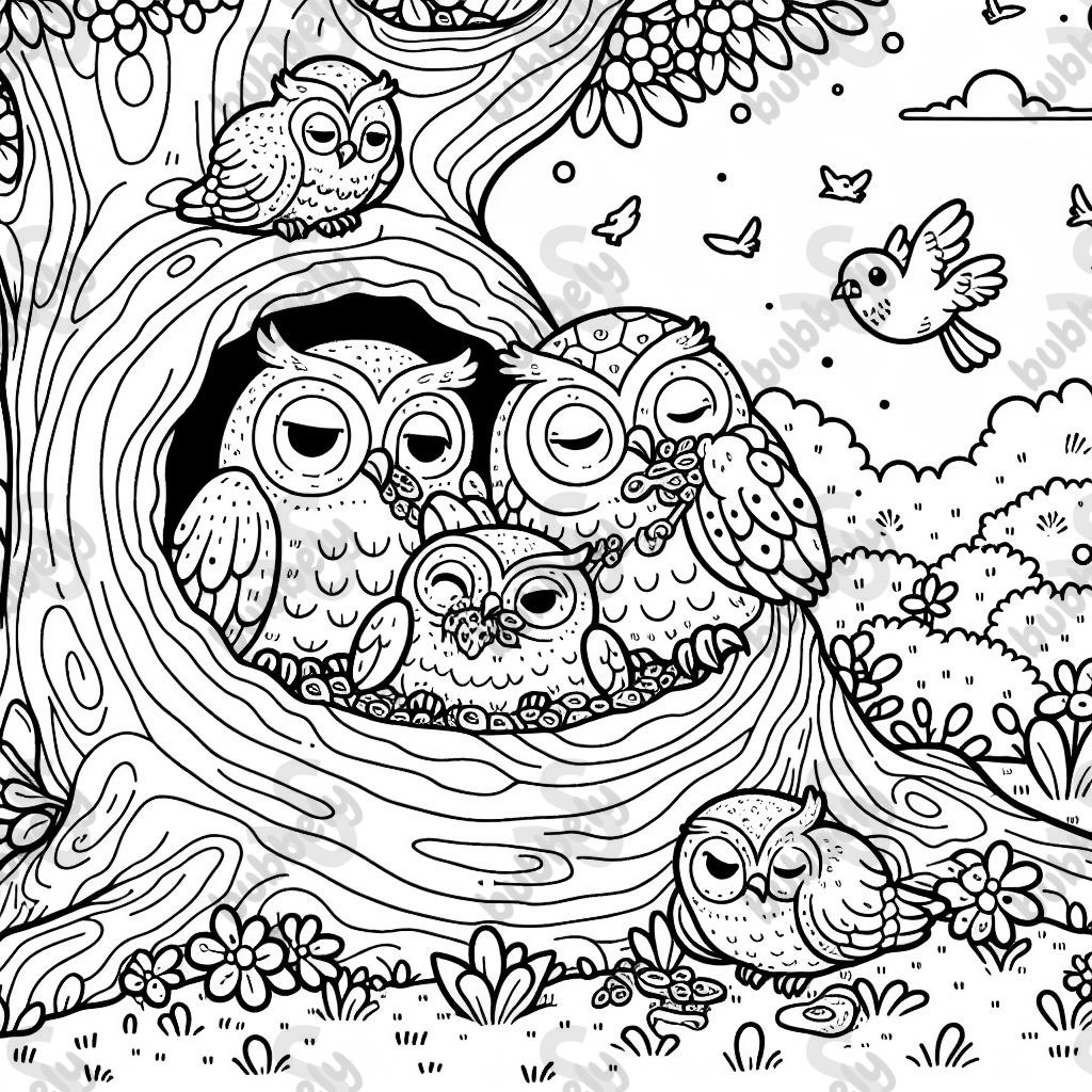 A family of owls lives in a tree trunk where they eat.