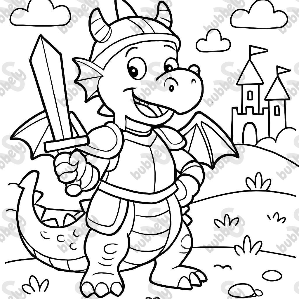 a dragon with armour and a sword in its hands