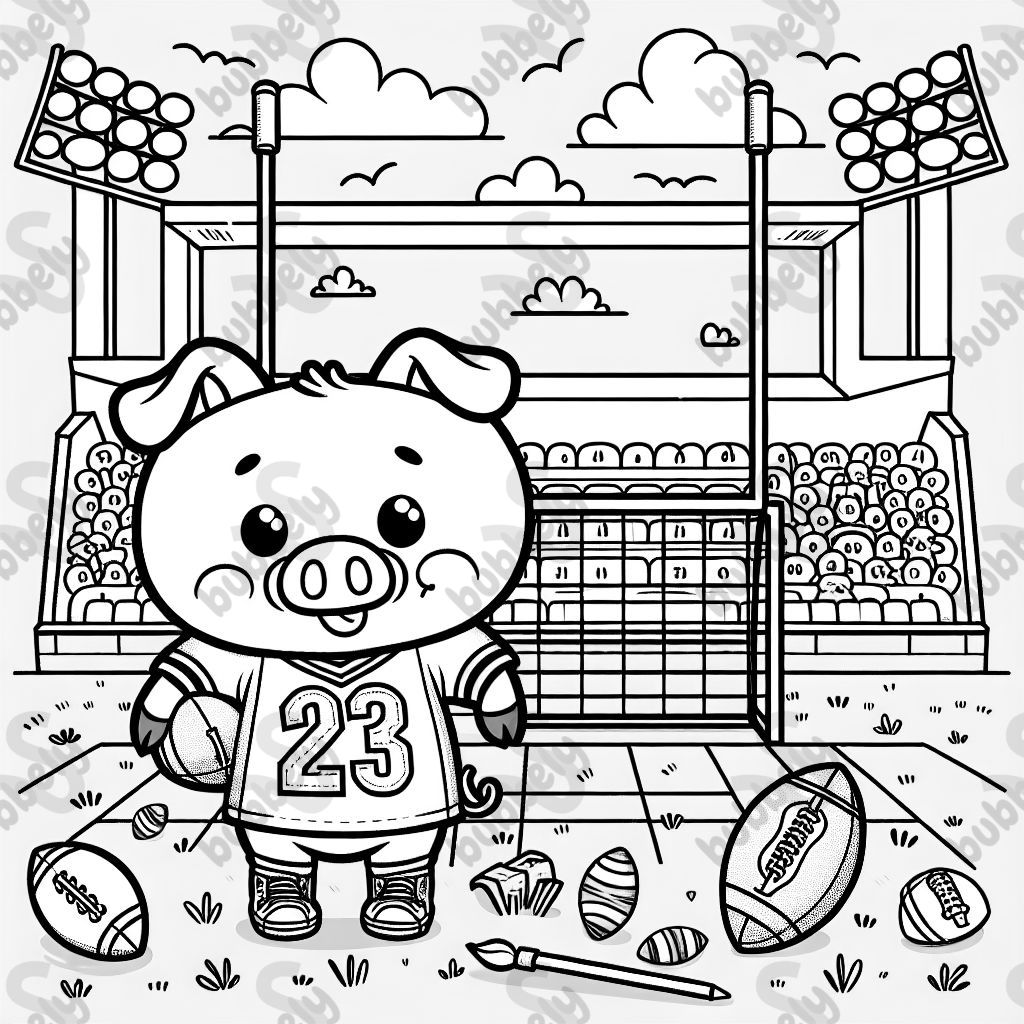 Porco fofo em um estádio de futebol com a camisa número 23