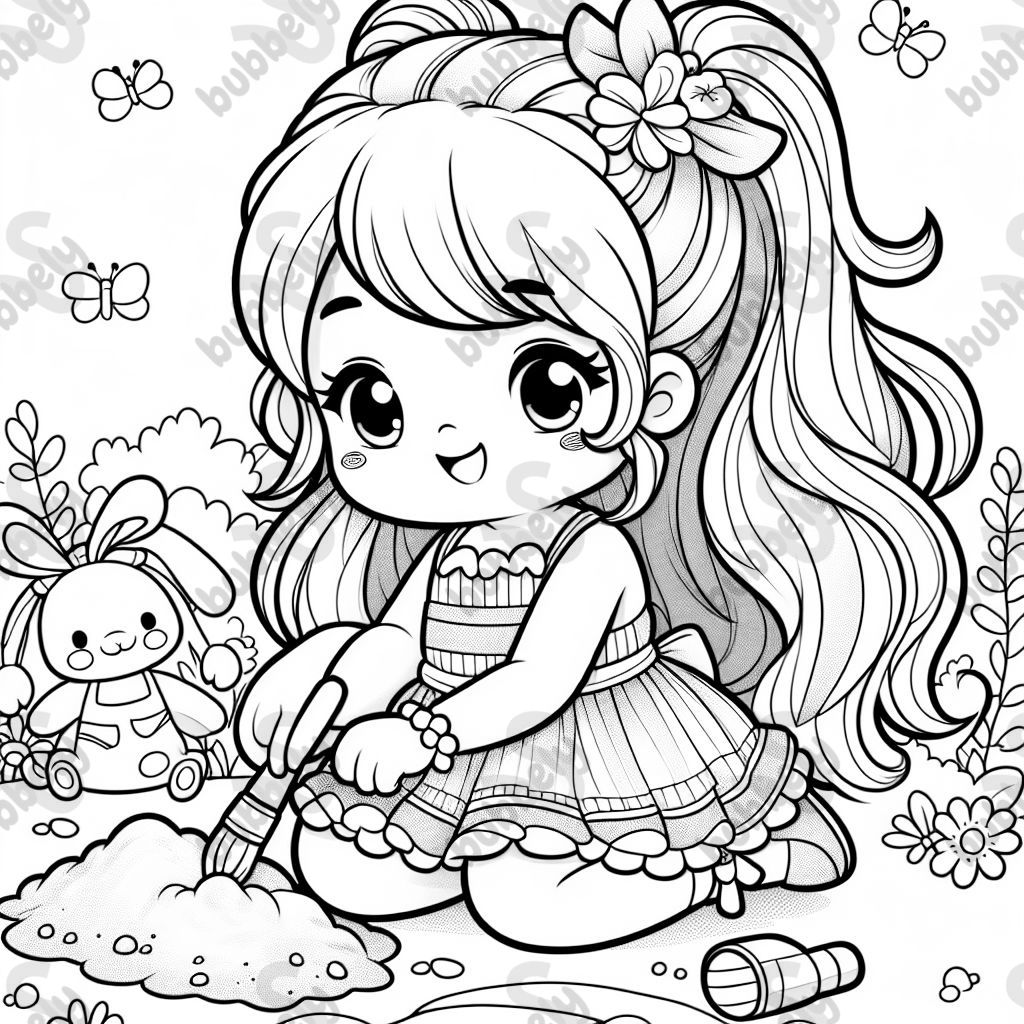 a little girl with long hair and a dress playing