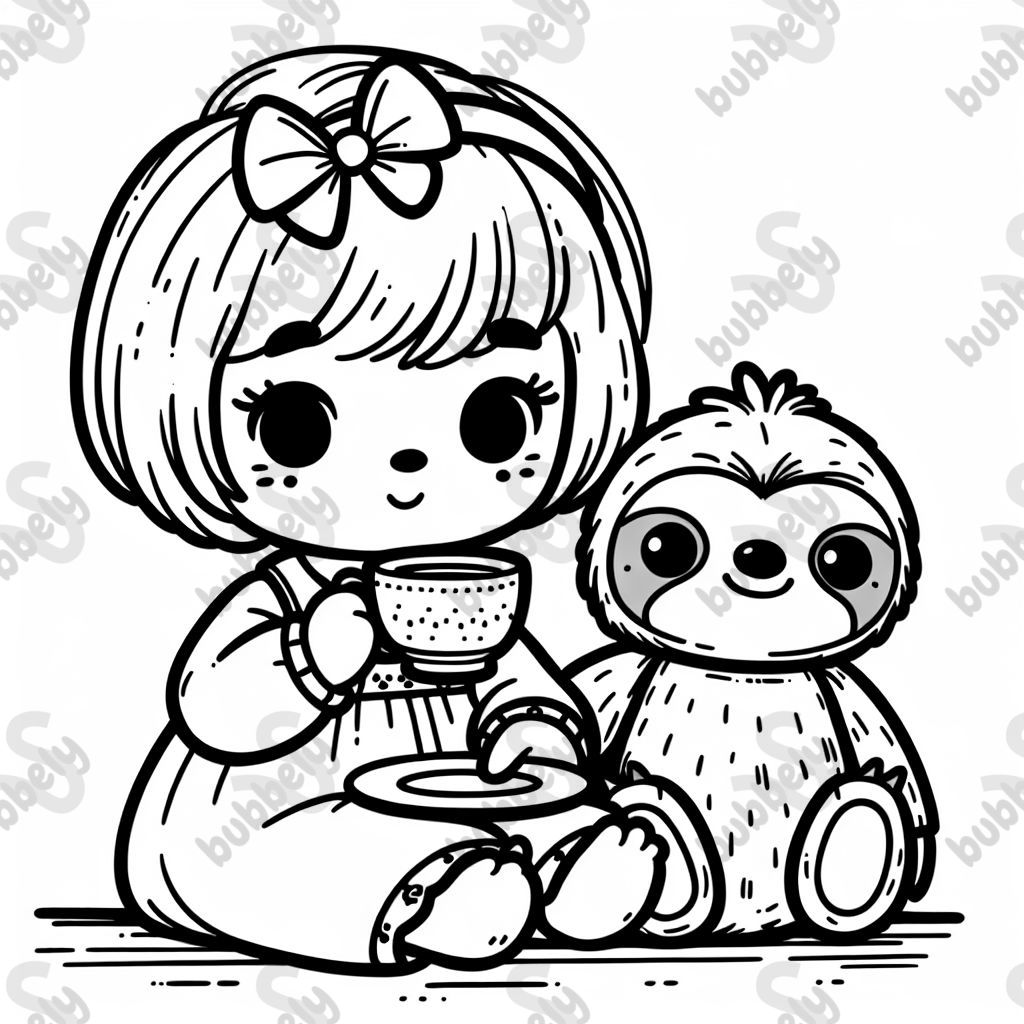Blonde toddler girl with short hair and bow in hair, drinking tea with a stuffed animal sloth 