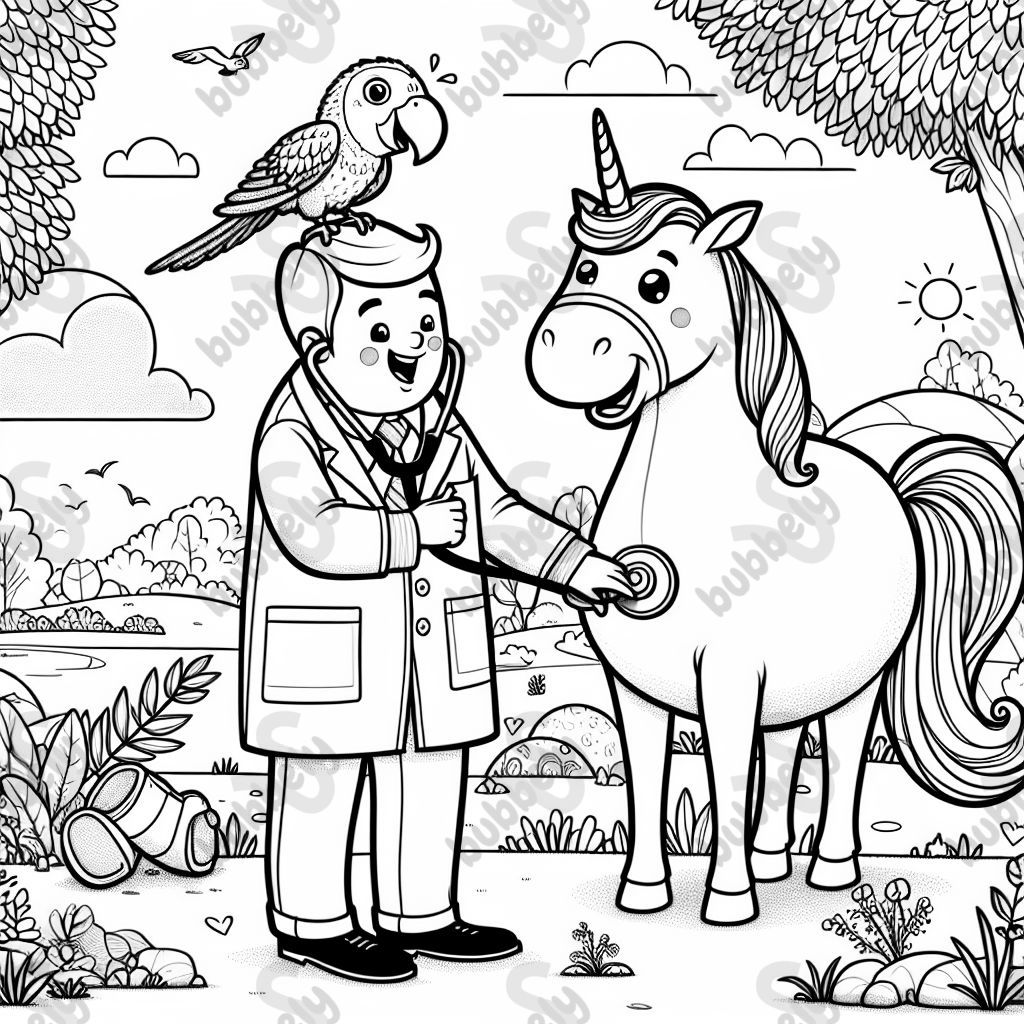 Bird and Doctor taking care of Pregnant unicorn. Bird and Doctor taking care of Pregnant unicorn.