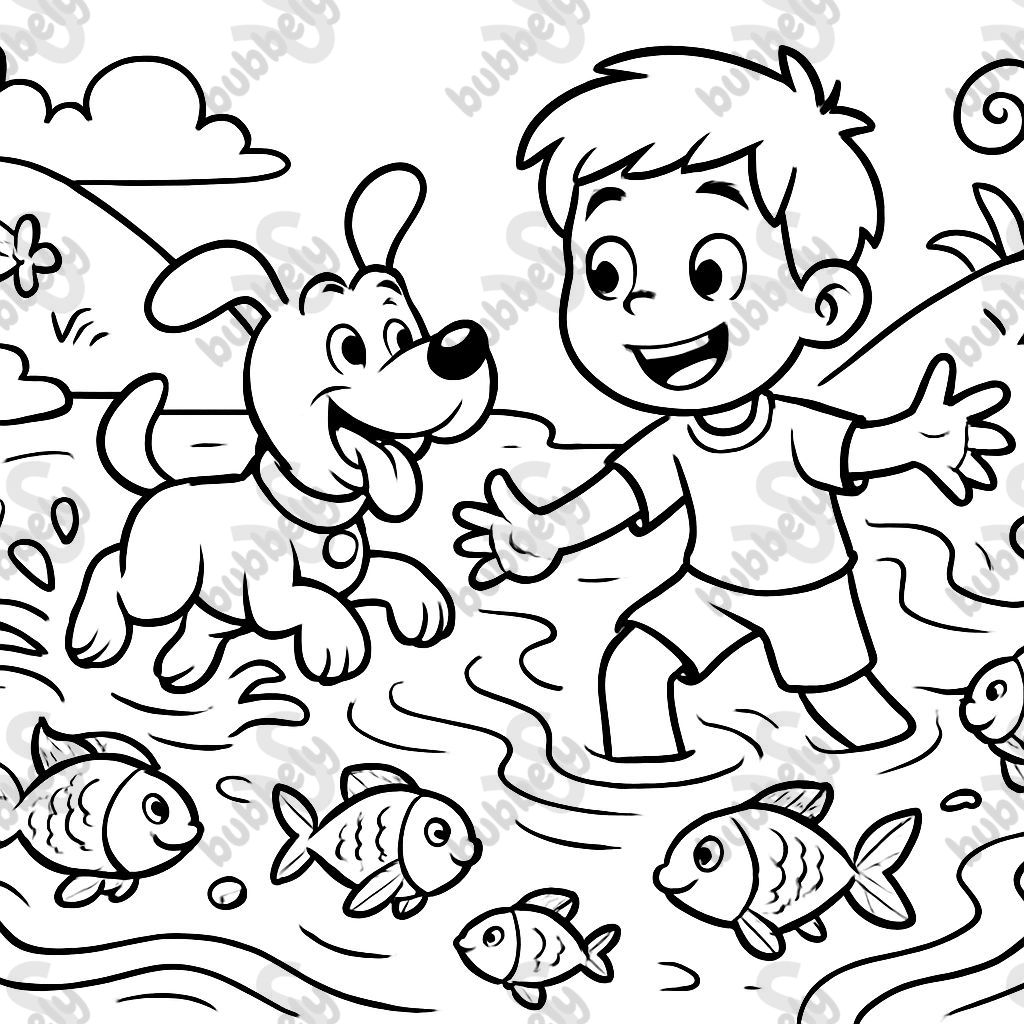 Chien et enfant dans une rivière magique avec des poissons