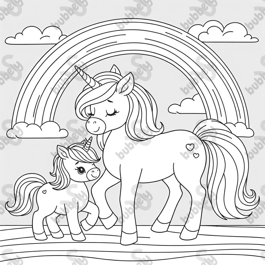 ein Mama Einhorn mit einem Baby Einhorn und einem Regenbogen